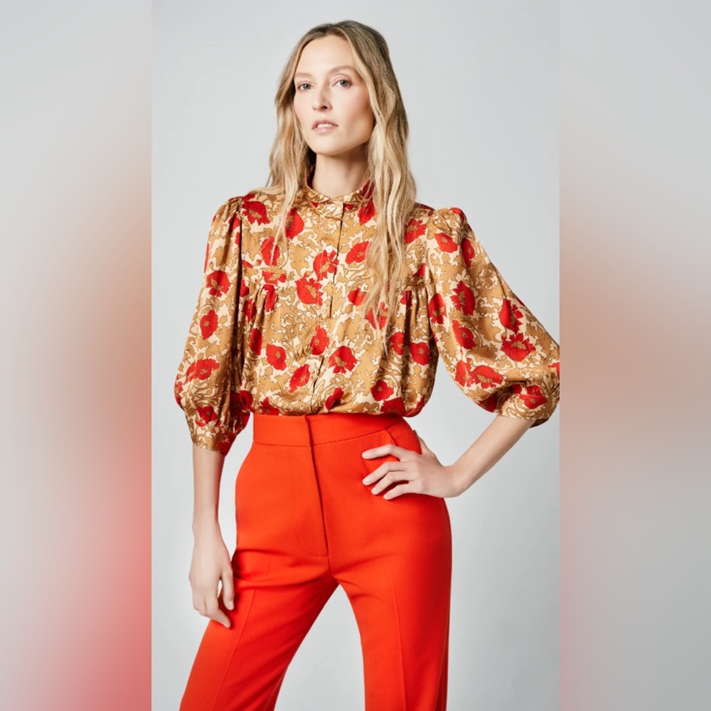 NWT $425 Smythe Floral Shirred Pocket Blouse In Brown